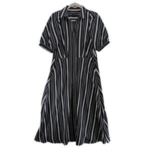Ann Taylor Striped Midi Shirt Dress 4 Navy White Button Front‎ Collared Pockets